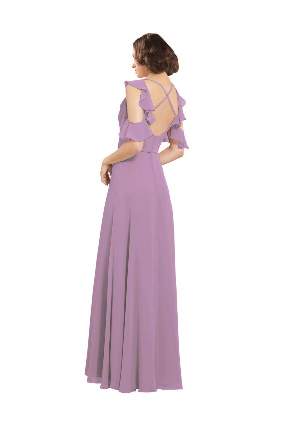 Online lavanda oscura línea A Cuello Alto Gasa Largo Vestidos de dama de honor