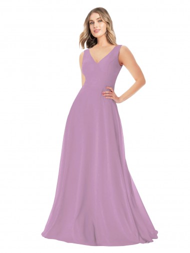 Online lavanda oscura línea A Cuello en V Gasa Largo Vestidos de dama de honor