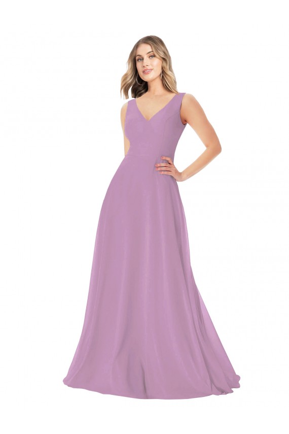 Online lavanda oscura línea A Cuello en V Gasa Largo Vestidos de dama de honor