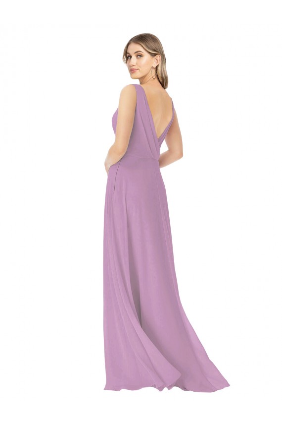 Online lavanda oscura línea A Cuello en V Gasa Largo Vestidos de dama de honor