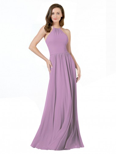 Online lavanda oscura línea A Halter Gasa Largo Vestidos de dama de honor