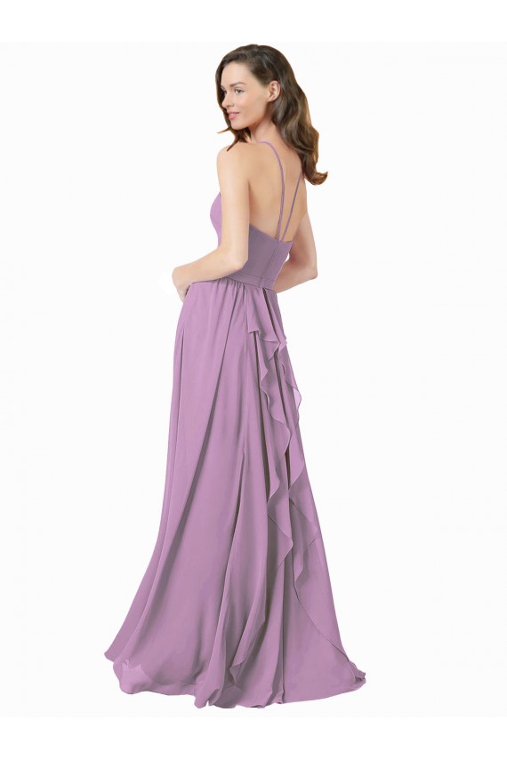 Online lavanda oscura línea A Halter Gasa Largo Vestidos de dama de honor