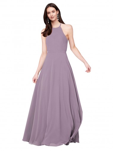 Online lavanda oscura línea A Halter Gasa Largo Vestidos de dama de honor
