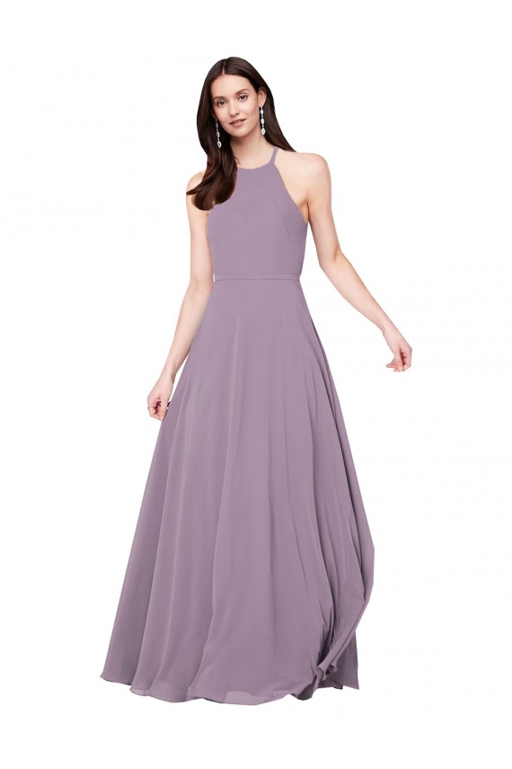 Online lavanda oscura línea A Halter Gasa Largo Vestidos de dama de honor
