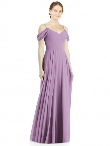Online lavanda oscura línea A Hombros Descubiertos Tirantes espagueti Gasa Largo Vestidos de dama de honor