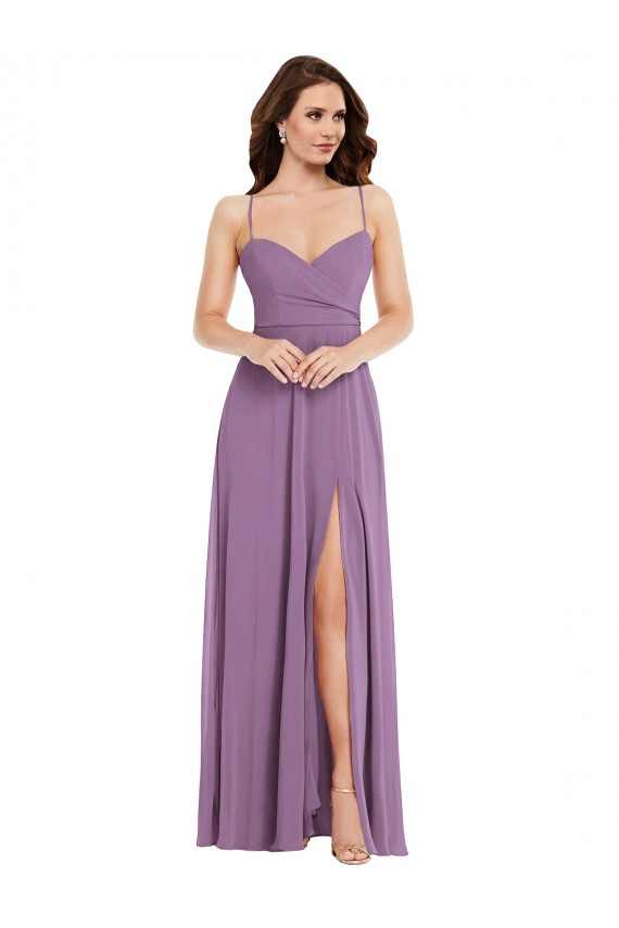 Online lavanda oscura línea A Tirantes espagueti Gasa Largo Vestidos de dama de honor