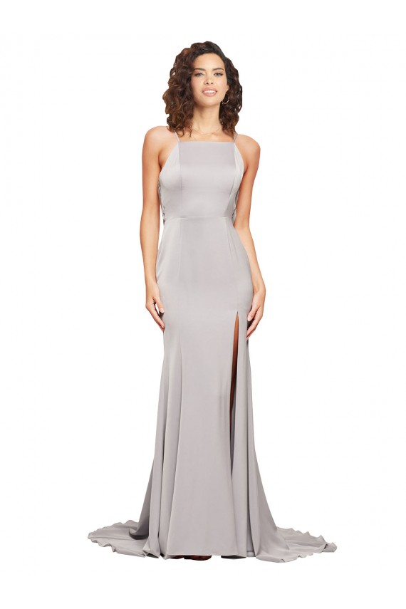 Online línea A Cuello Alto Barrer tren Satén elástico Largo Formales Vestidos de dama de honor / Vestidos de fiesta