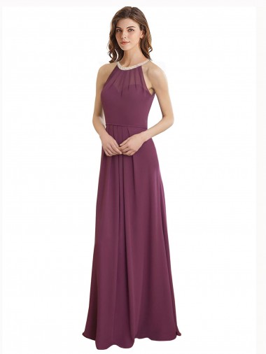Online línea A Cuello Alto Gasa Largo Vestidos de dama de honor