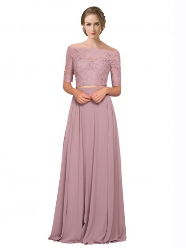 Online línea A Hombros Descubiertos Gasa Encaje Largo Vestidos de dama de honor / Vestidos de fiesta