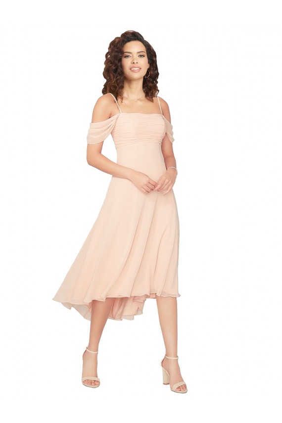 Online rosa hielo línea A Cuadrado Midi Gasa Corto Asimétrico Vestidos de dama de honor
